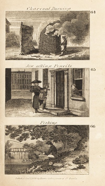 Ambachten in Regency Engeland: houtskoolbranden, Jood die potloden verkoopt en vissen door Isaac Taylor
