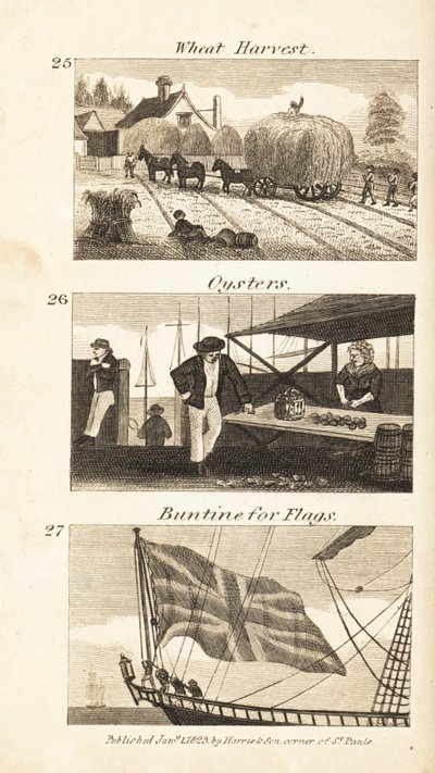 Ambachten in Regency Engeland: tarweoogst, oesters en buntine voor vlaggen door Isaac Taylor