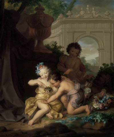 Drie kinderen spelend met een vogelnestje door Isaac Walraven (rejected attribution)