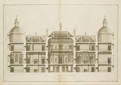 Houghton Hall: sectie van de Oostelijke Voorgevel, gegraveerd door Pierre Fourdrinier, 1735 door Isaac Ware