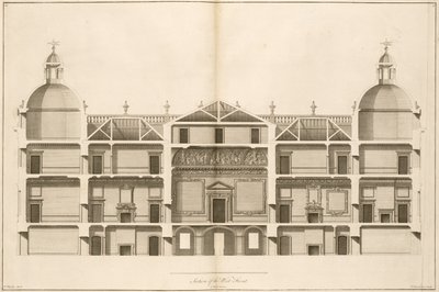 Houghton Hall: sectie van de westelijke gevel, gegraveerd door Pierre Fourdrinier, 1735 door Isaac Ware
