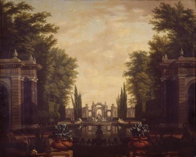 Waterpartij met beelden en gebouwen in een park door Isaac de Moucheron