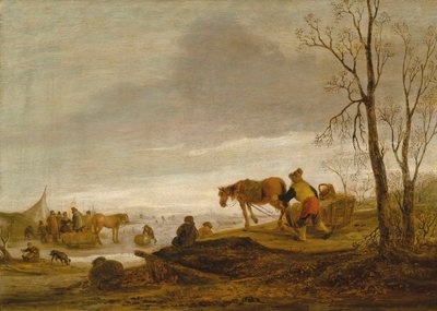 Een winterlandschap met figuren op een bevroren rivier door Isaac van Ostade