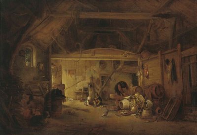 Duits: Scheuneninterieur Een interieur van een schuur met twee etende kinderen en een werkende man door Isaac van Ostade