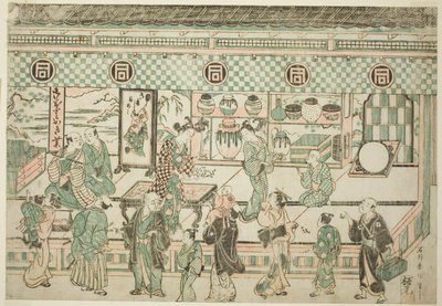 De winkel van Sanogawa Ichimatsu door Ishikawa Toyonobu