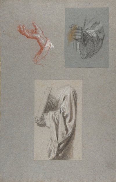 a. Hand van Sint Remi, b. Hand van Sint Remi, c. Draperiestudie voor acoliet met boek door Isidore Pils