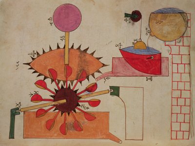 Diagram van een systeem voor het pompen van water in een bassin, uit Boek van Kennis van Ingenieuze Mechanische Apparaten door Islamic School