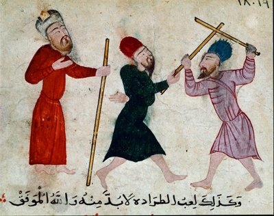 Islamitische kunst: tekening op perkament uit de Fatimidische periode (10e-11e eeuw) - Stokspel door Islamic School