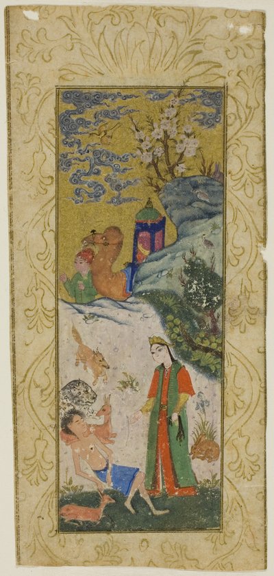 Layla bezoekt Majnun in de Woestijn, pagina uit een kopie van de Khamsa van Nizami door Islamic School