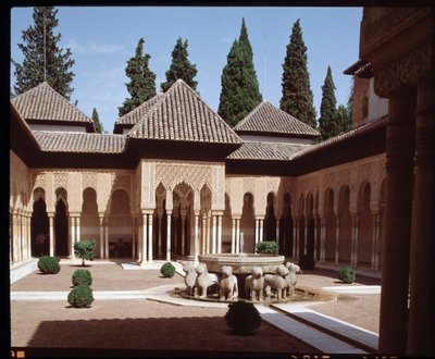Uitzicht op de Hof van de Leeuwen, hoofdplein van het Nasrid-dynastie Paleis van de Leeuwen door Islamic School