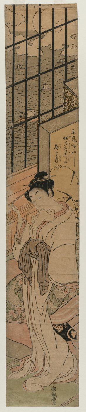 Courtisane in een kamer met uitzicht op Edo Bay door Isoda Koryusai