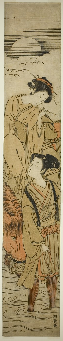 Een rivier oversteken op een maanverlichte nacht door Isoda Koryusai