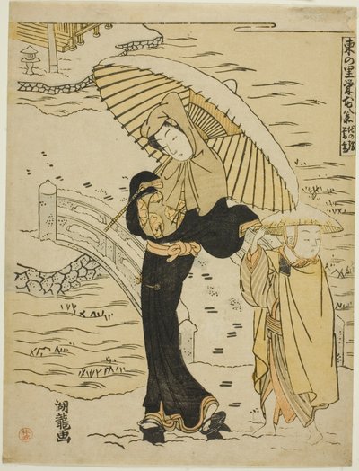 Avondsneeuw in Ikenohata (Ikenohata bosetsu), uit de serie "Acht uitzichten van welvaart in het oostelijke dorp (Azuma no sato eiga hakkei)" door Isoda Koryusai