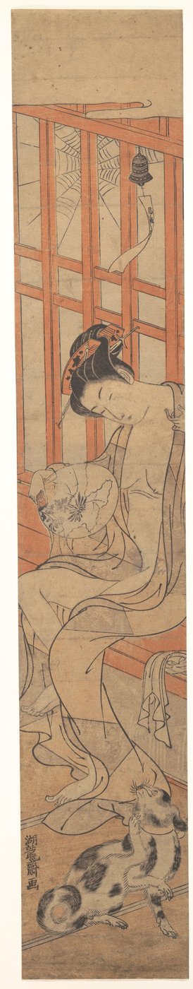 Frau fächert sich nach dem Bad door Isoda Koryusai