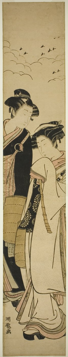 Jong stel verkleed als bedelmonniken (Genpachi en Komurasaki?) door Isoda Koryusai