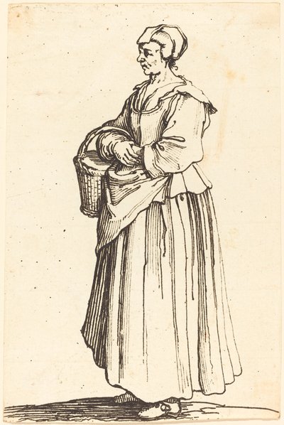 Boerin met mand, in profiel, naar links gericht door Israel Henriet after Jacques Callot