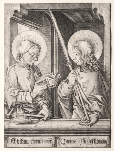 De twaalf apostelen bij gotische ramen: St. Matthias en St. Judas Thaddaeus door Israhel van Meckenem