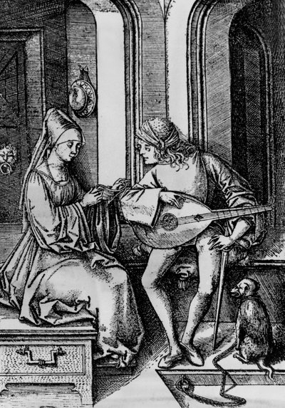 Een vrouw die zingt terwijl een man een luit speelt (gravure) door Israhel van the younger Meckenem