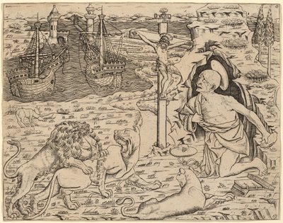 Sint Hiëronymus in boetedoening, met twee schepen in een haven door Italian 15th Century