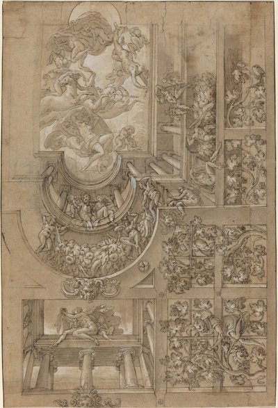 Illusionistisch plafond met een druivenprieel, figuren op galerijen en een centrale scène van Olympische goden door Italian 16th Century