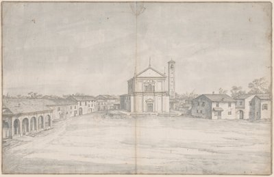 Een stadscentrum met een kerk door Italian 18th Century