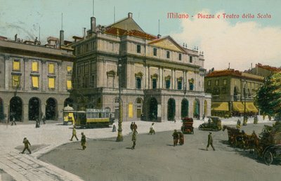 Milaan - Piazza en Teatro alla Scala. Ansichtkaart verzonden in 1913 door Italian Photographer