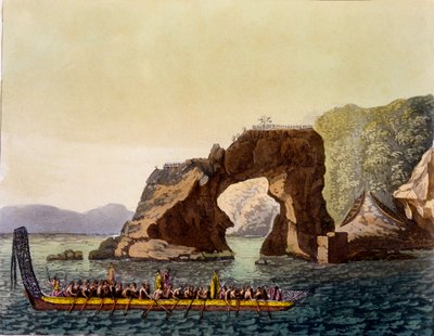 Een Maori versterkt uitkijkpunt in Nieuw-Zeeland, gecombineerd met Maori oorlogskano, 1820s-30s door Italian School