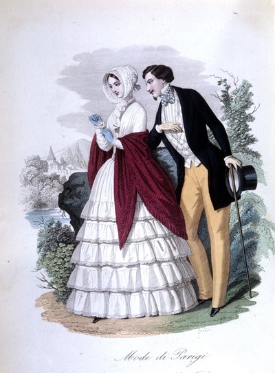 Een galante scène: een elegant paar modieuze Parijzenaars. 1848 (gravure) door Italian School