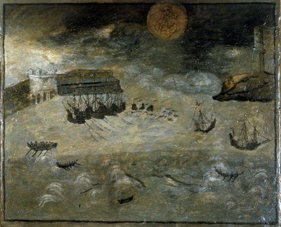 Een storm in een haven. Ex voto uit de 17e eeuw uit de kerk van de Madonna dell