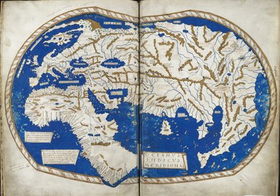 Kaart van de wereld, uit Insularium Illustratum, door Enrico Martello, een verslag van de eilanden, voornamelijk van de Middellandse Zee, met gekleurde plannen, Italiaans, ca. 1470 (perkament) door Italian School