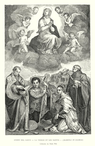 Andre del Sarte, De Maagd en de Heiligen, Madonna in Glorie, Collectie van het Pitti Paleis (gravure) door Italian School