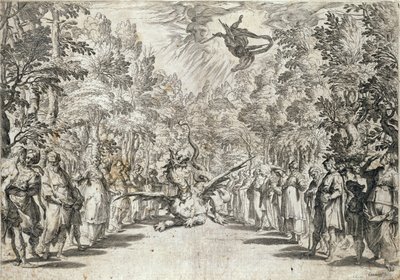 Apollo op het Punt om de Python aan te Vallen, uit La Pellegrina door Girolamo Bargagli, gegraveerd door Carracius door Italian School