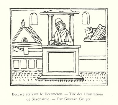 Boccaccio schrijft de Decamerone, Uit de Illustraties van Savonarola, door Gustave Gruyer door Italian School
