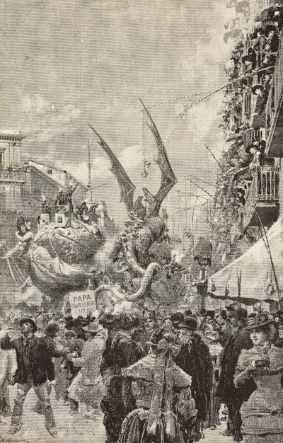 Karren paraderen tijdens de laatste dag van Carnaval, Napels, Italië, gravure naar tekening van Matania, uit L