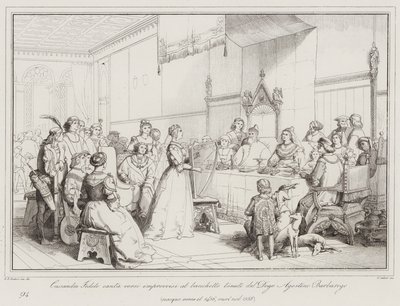 Cassandra Fedele zingt geïmproviseerde verzen op het banket gehouden door Doge Agostino Barbarigo... door Italian School