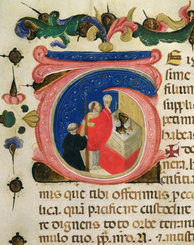 Viering van de Eucharistie, uit een Mariegola van de lekenbroederschap van St. Hiëronymus, ca. 1400 door Italian School