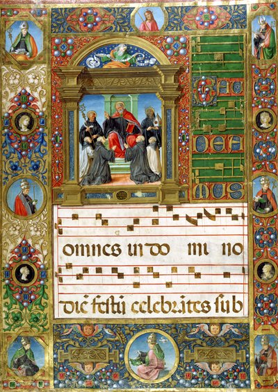 Koor miniatuur met St. Benedictus die predikt tot monniken door Italian School