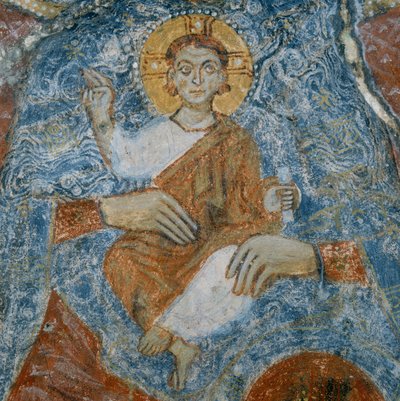 Christus, detail van de fresco van de Madonna en Kind met engelen Raffael en Gabriel door Italian School