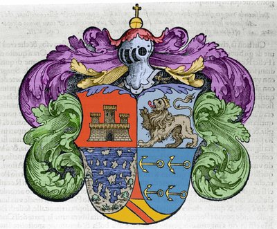 Wapen van navigator Christopher Columbus (1451-1506): de vier delen van het schild vertegenwoordigen bovenaan de stad Castilië en León, onderaan de ontdekte eilanden en de symboolankers van de admiraal. Gravure uit het boek 
