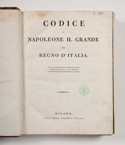 Code Napoleon de Grote voor het Koninkrijk Italië, open op de titelpagina, gepubliceerd Milaan, dalla reale Stamperia, 1806 door Italian School