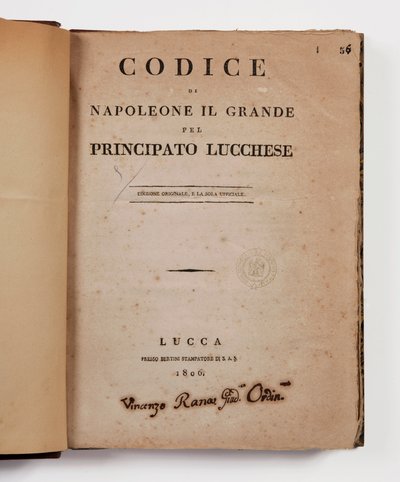 Code Napoleon de Grote voor het vorstendom Lucca, eerste officiële editie, Lucca, Presso Bertini, 1806, en de landelijke code voor de vorstendommen Lucca en Piombino, Lucca, Fr. Bertini, 1807 door Italian School
