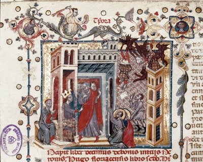 Codices Cavenses, Cod.25 f.181, Simon Magus, de Keizer Nero, en de Apostelen, miniatuur uit Speculum Historiale, Deel I, door Vincent de Beauvais, c.1320 door Italian School
