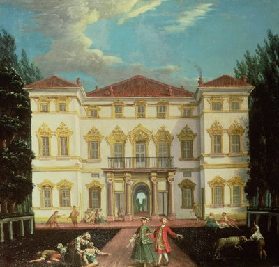 Landhuis met elegante figuren (een van een paar) door Italian School