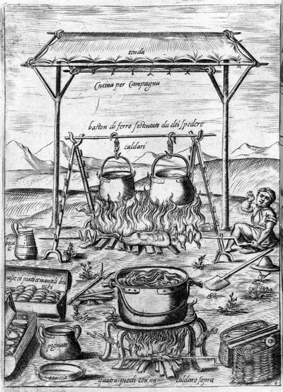 Landelijke keuken: ketels en potten staan op het vuur. Gravure uit “Opera”, boek over gastronomie verdeeld in 6 delen, door Bartolomeo Scappi, persoonlijke kok van paus Pius V. Venetië door Italian School