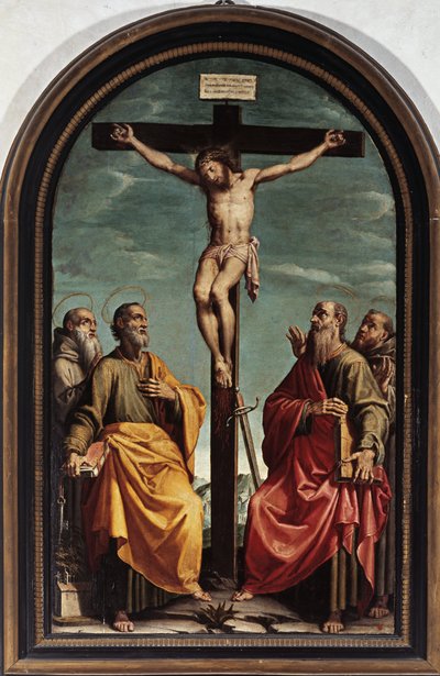 Kruisiging met Sint-Pieter, Paulus, Romualdo en Franciscus door Italian School