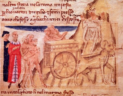 Dante en Vergilius en de wagen en de ossen die de Ark trekken (lied X uit het Vagevuur, in de Goddelijke Komedie) - miniatuur door Italian School