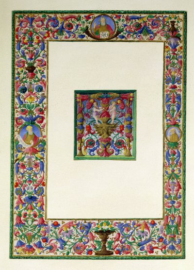 Decoratieve rand met God de Vader en twee profeten en een gehistorieerde initiaal T met een sirene en twee putti, 15e-16e eeuw door Italian School