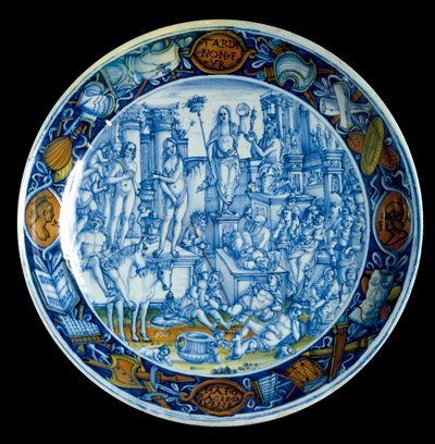 Gedecoreerde plaat die de allegorie van Selene, godin van de maan in de Griekse mythologie, vertegenwoordigt. Uit Faenza, rond 150 door Italian School