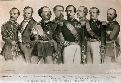 Verdedigers van de Wet en Vrijheid van Italië: van links naar rechts, Generaal Manfredo Fanti (1806-1855), Camillo Benso, Graaf van Cavour (1810-1861), Koning van Sardinië Vittorio Emanuele II (Victor Emmanuel), Generaal Enrico Cialdini (1811-1892) door Italian School