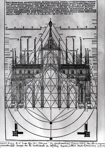 Ontwerp voor de kathedraal van Milaan, illustratie uit De Architectura door Vitruvius, Como, 1521 door Italian School